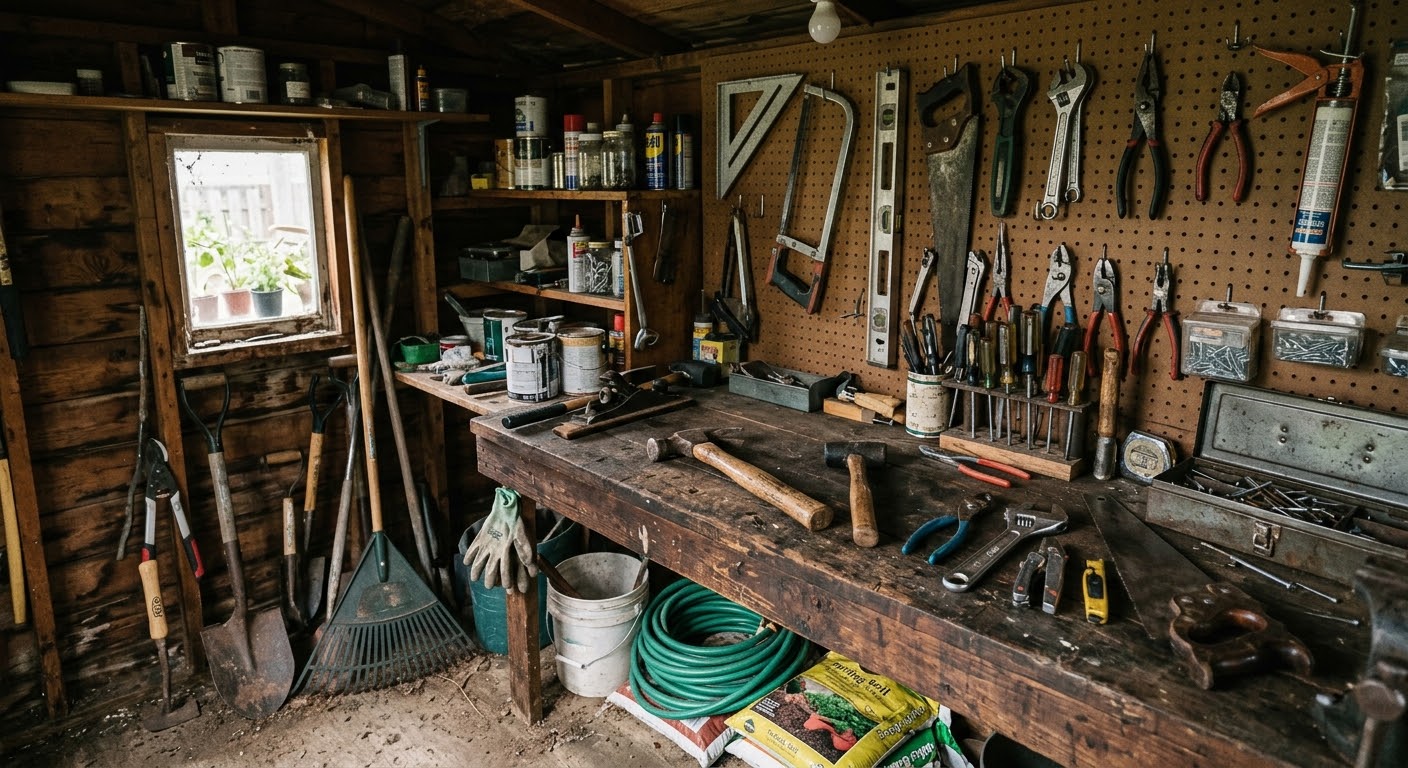 A well-organized tool shed with hand tools, yard tools, and supplies hanging on a pegboard